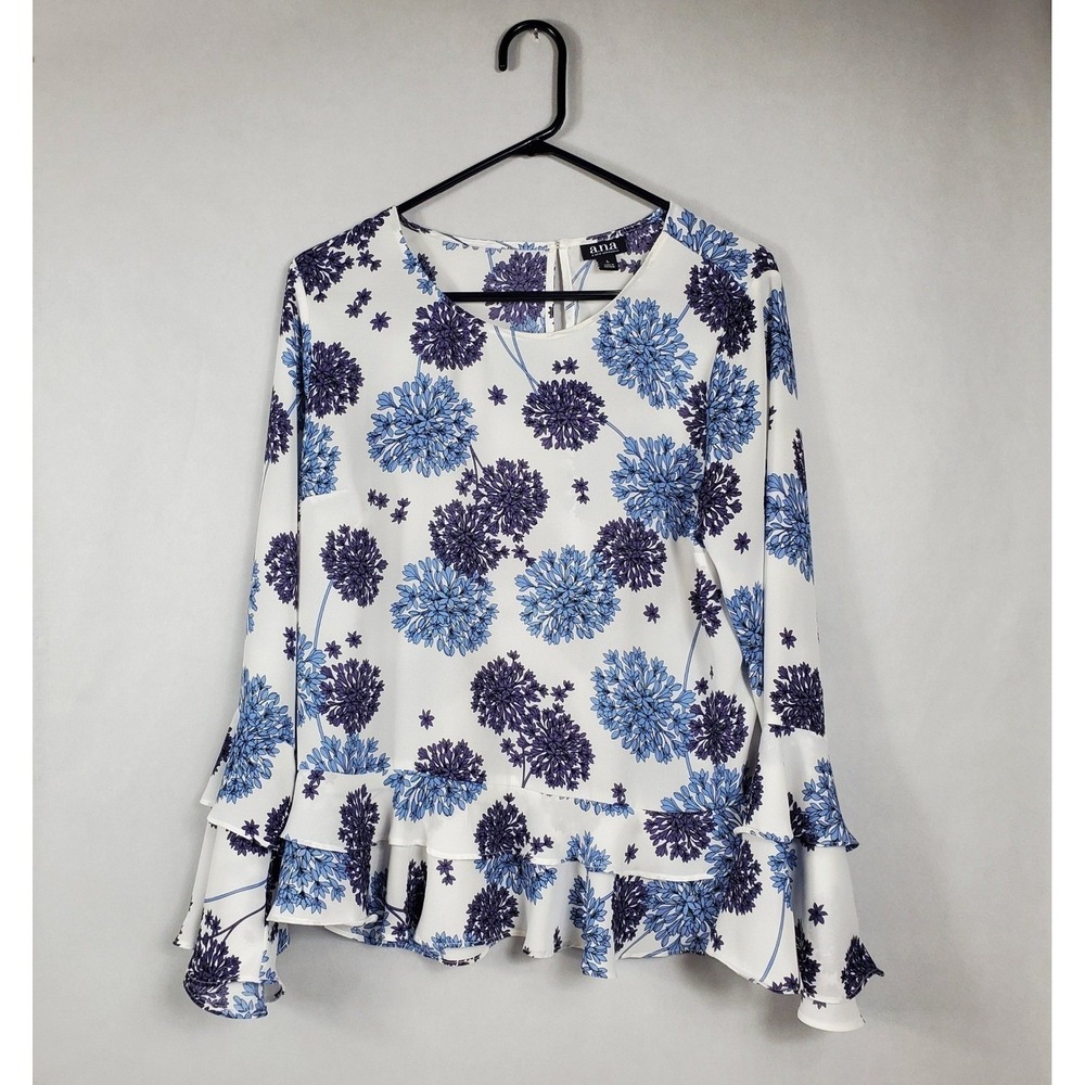a.n.a Women Blue Purple Floral Ruffle Bell Sleeve Peplum Blouse White Large